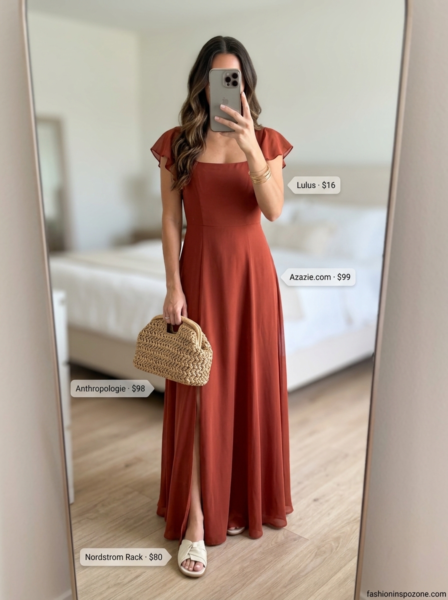 Terracotta square neck maxi dress with woven clutch and leather slides for elegant vacation outfits 2026.
