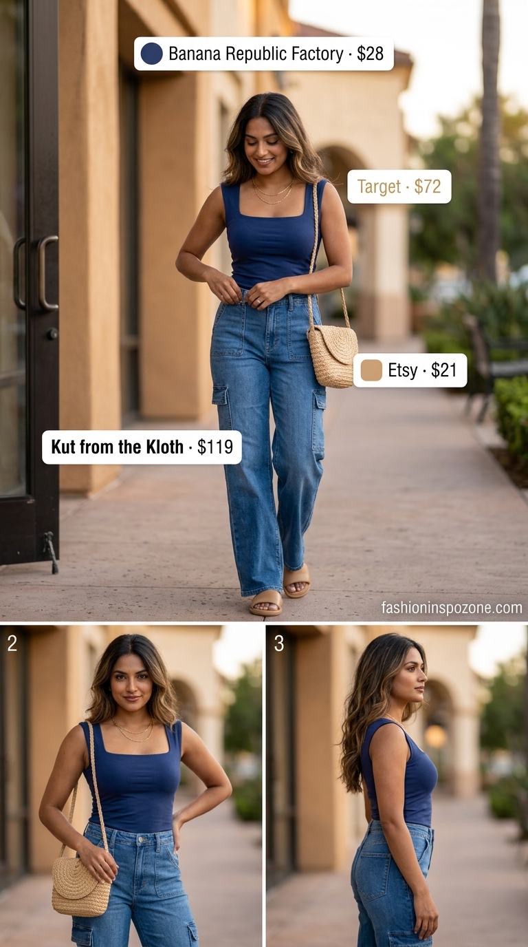 White fitted square neck tank top with wide-leg jeans and straw crossbody for casual outfits 2026.