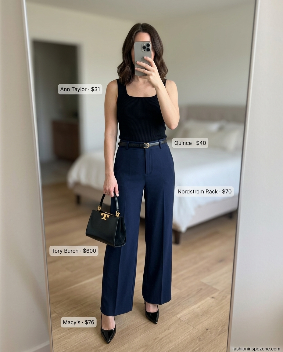 White fitted square neck top and navy wide-leg trousers for summer Square Neck outfits for women 2026, modern business casual.