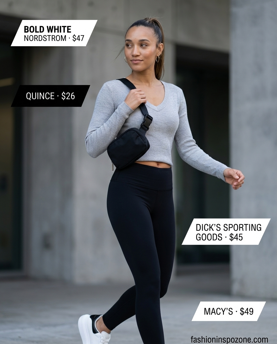 Comfortable summer V Neck outfits for women 2026: Grey V-neck long-sleeve top with leggings.