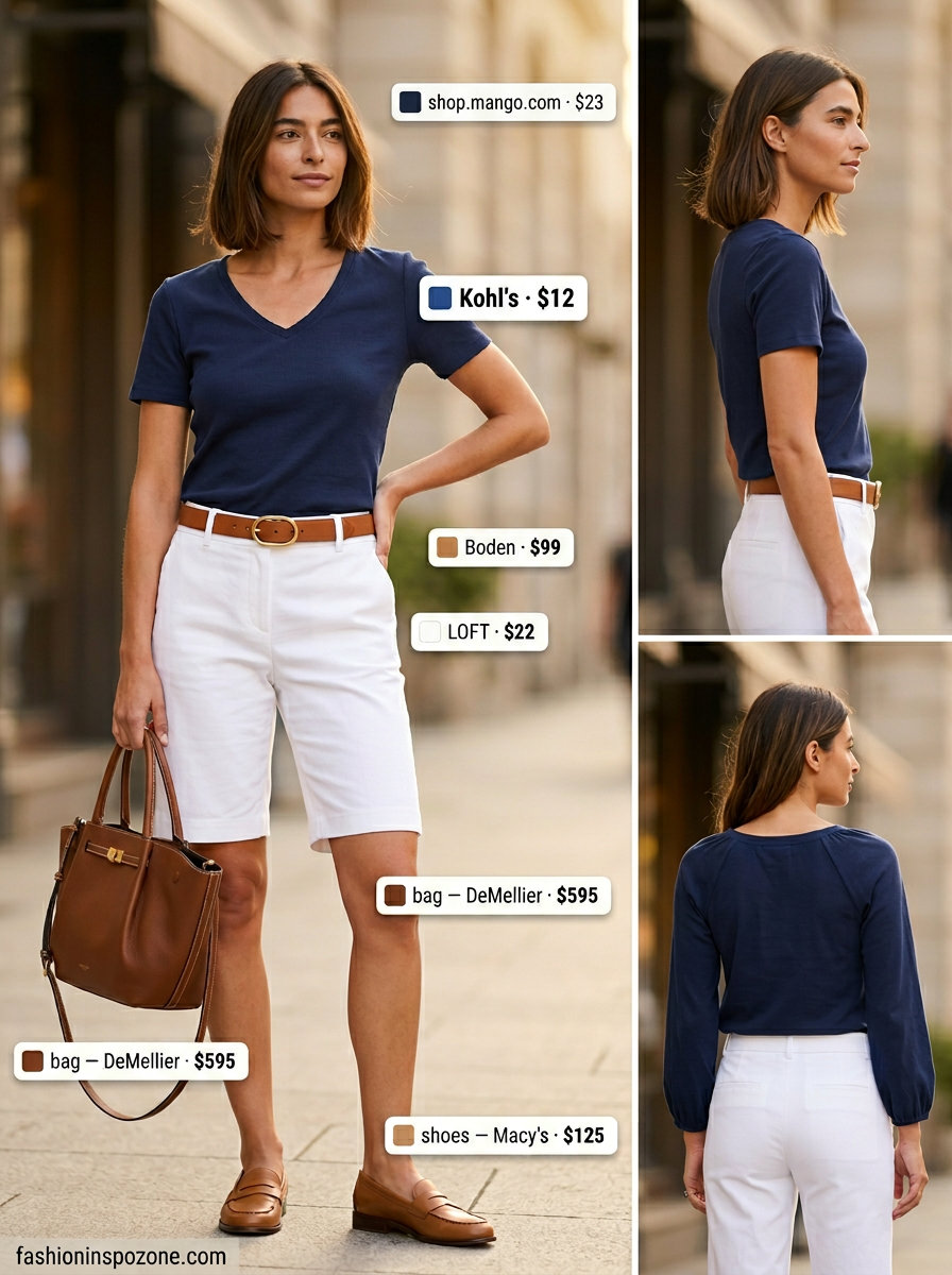Chic summer V Neck outfits for women 2026: Navy V-neck knit top with Bermuda shorts.