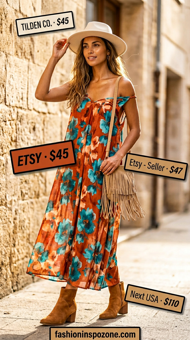Bohemian summer v-neck outfits women 2026 festival style with rust orange maxi dress.