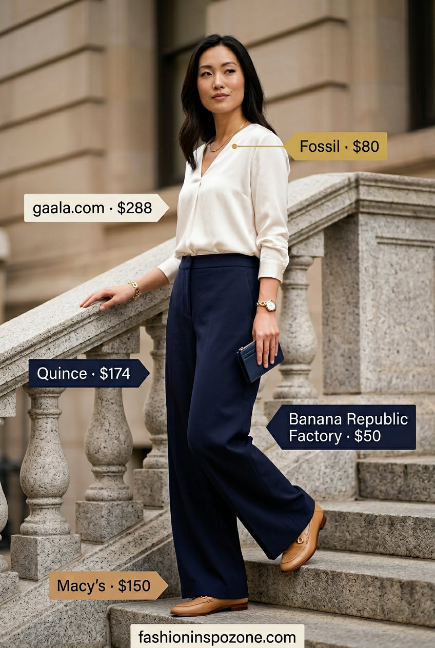 Professional summer v-neck outfits women 2026 for office with navy trousers and silk blouse.