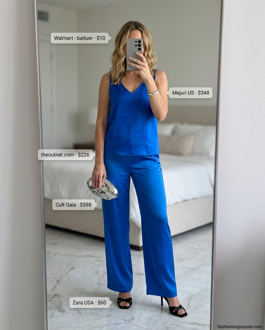 Chic summer v-neck outfits women 2026 city evening look with electric blue satin set.