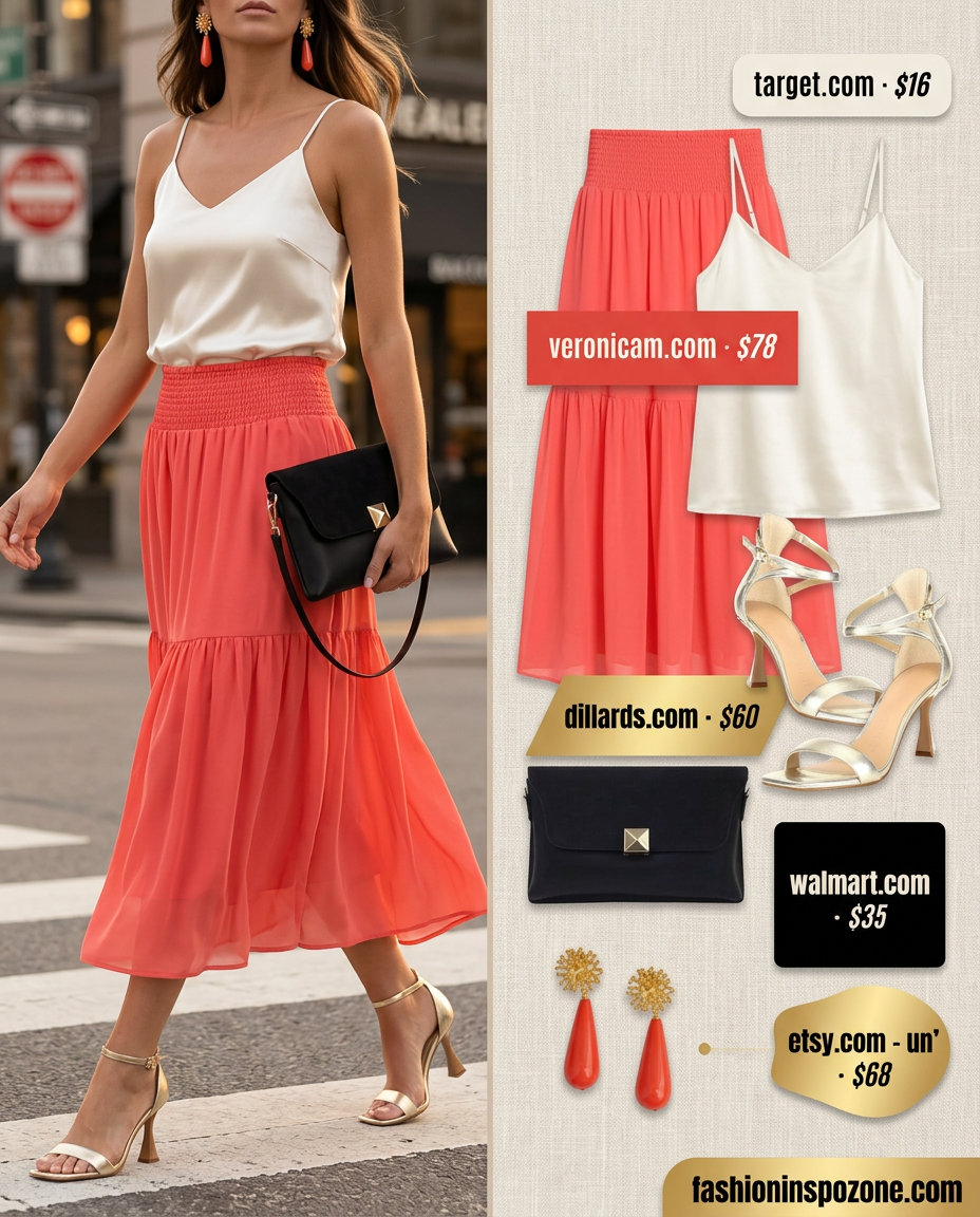 Elegant summer v-neck outfits women 2026: Coral midi skirt, cream cami, gold sandals for date night.