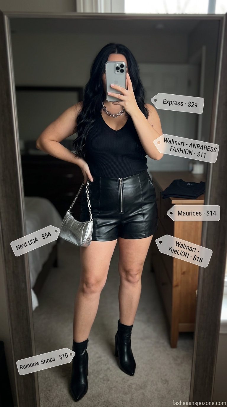 Edgy summer V Neck outfits for women 2026: Black V-neck tank with faux leather shorts.