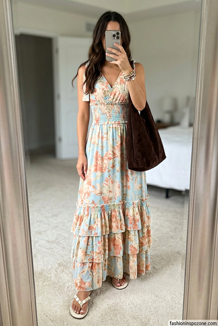 Boho summer v-neck outfits women 2026: Coral floral maxi dress, embellished sandals for beach vacation.