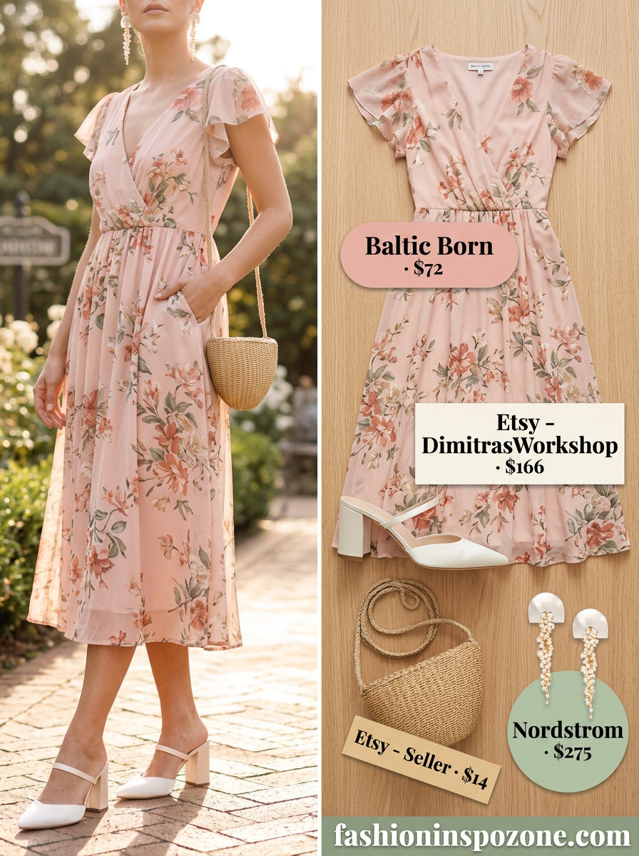 Romantic summer v-neck outfits women 2026: Blush pink floral dress, block heels for garden party.