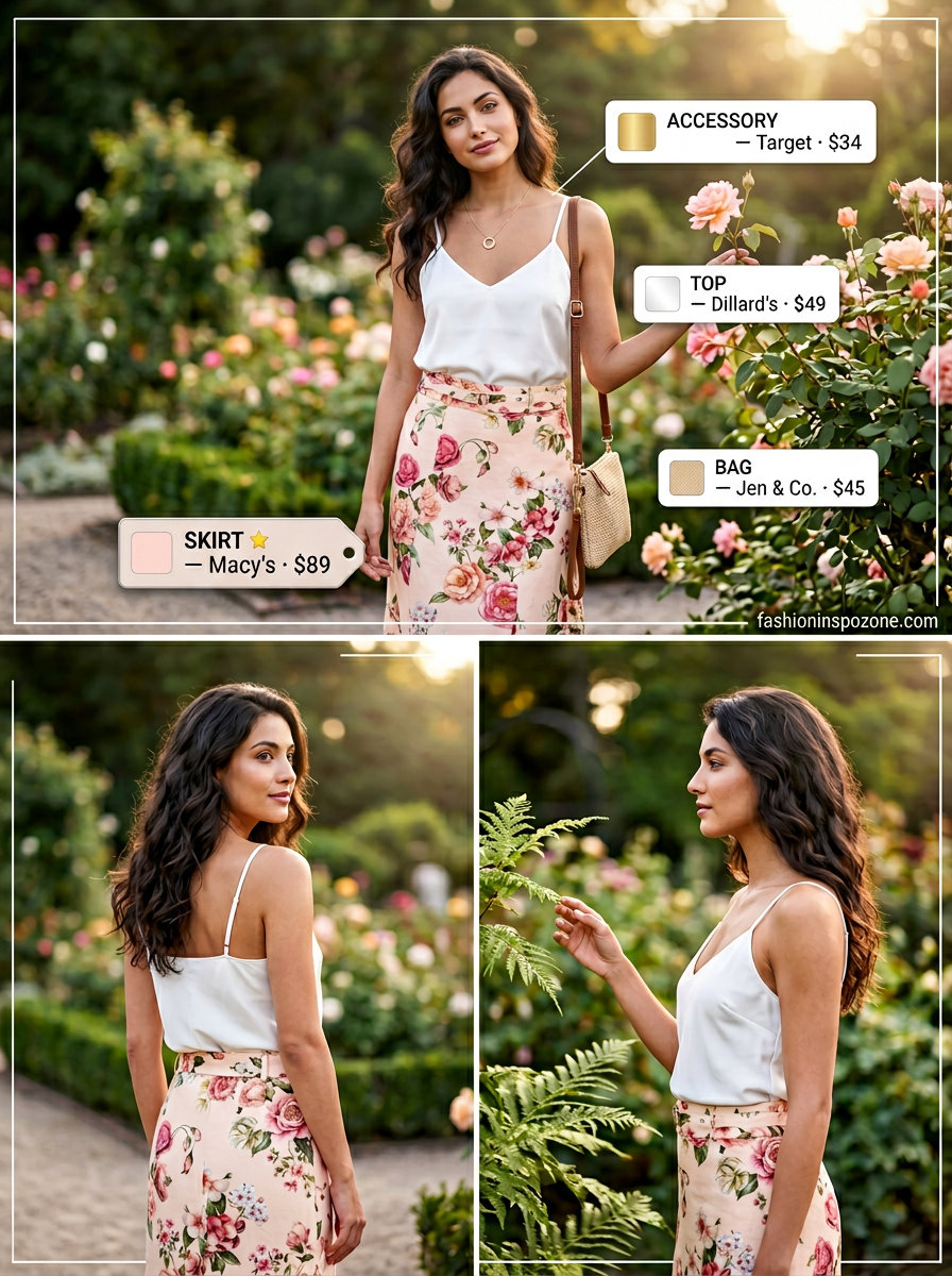 Feminine summer v-neck outfits women 2026 garden party look with floral skirt and camisole.