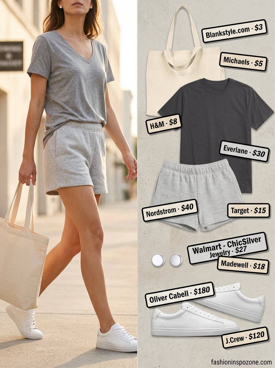 Comfortable summer v-neck outfits women 2026: Grey knit shorts, white sneakers for weekend ease.