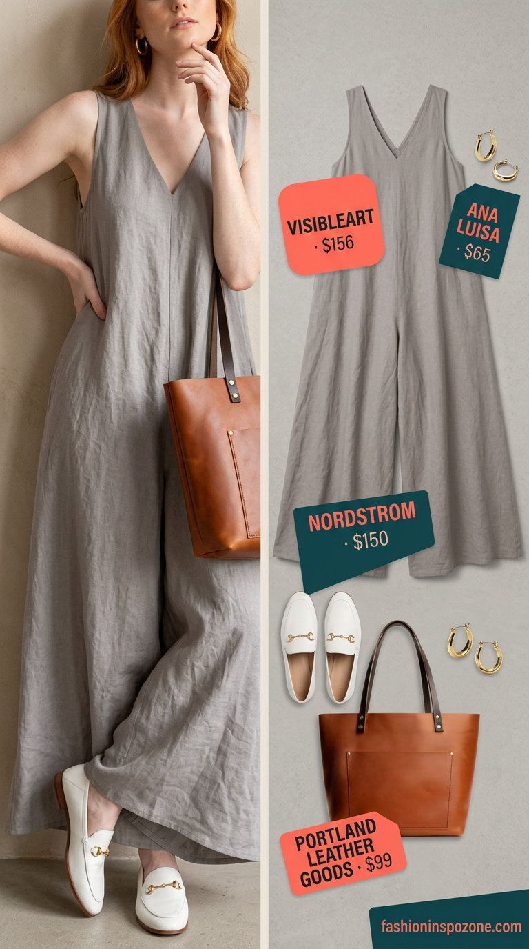 Sophisticated summer v-neck outfits women 2026: Stone grey linen jumpsuit, loafers for travel.