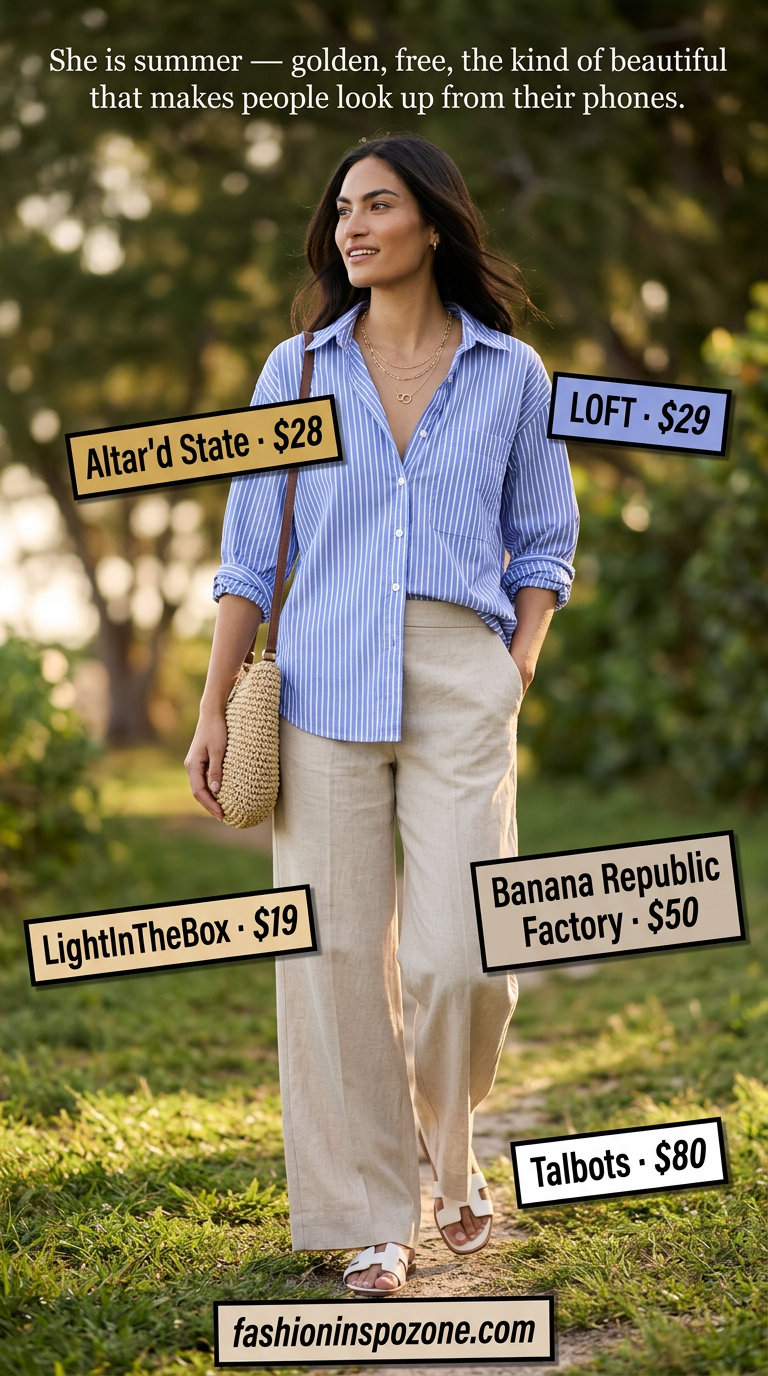 Relaxed summer v-neck outfits women 2026: Beige linen pants, striped shirt for coastal walk.