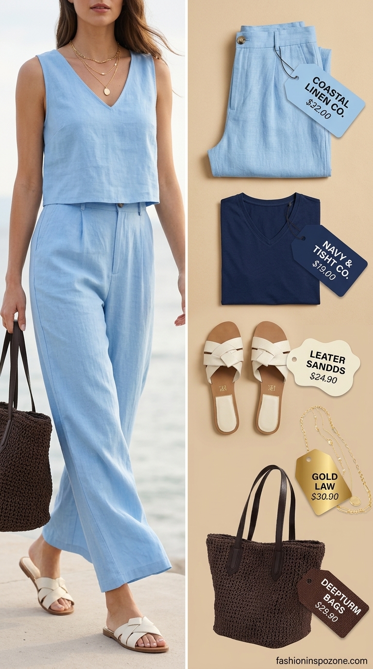 Relaxed summer V Neck outfits for women 2026: Sky blue V-neck linen tank and pants set.