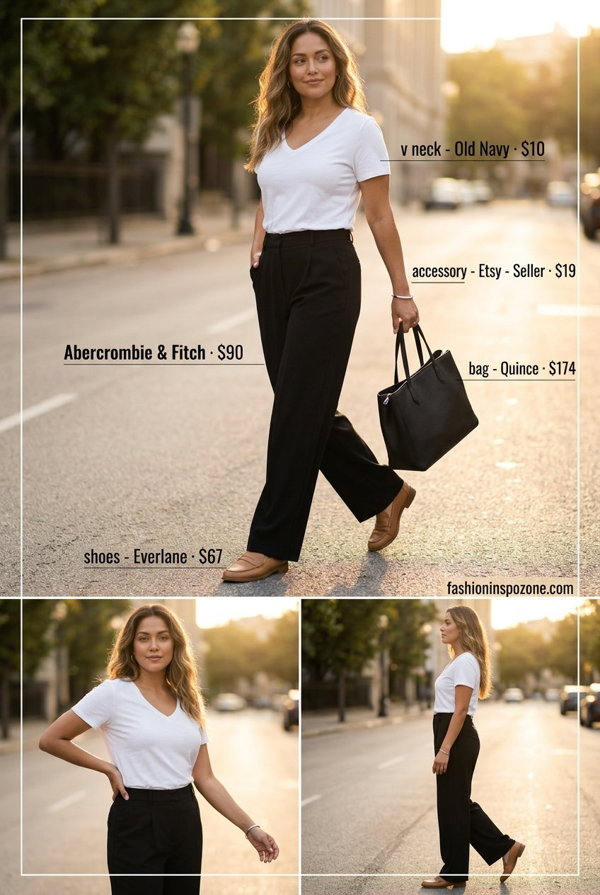 Chic summer V Neck outfits for women 2026: Black wide-leg pants, white V-neck tee, camel loafers for office.