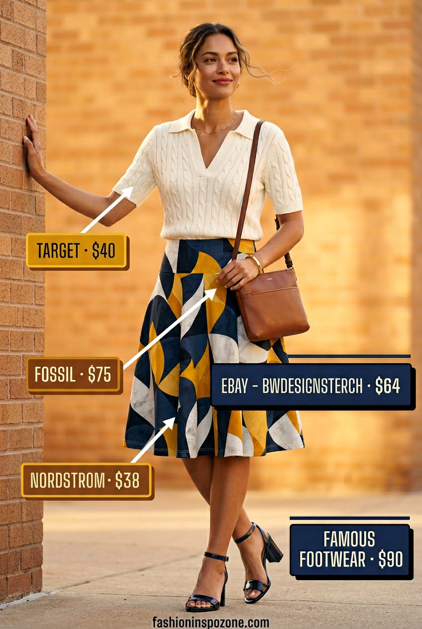 Stylish summer v-neck outfits women 2026: Mustard skirt, cream knit top for brunch.