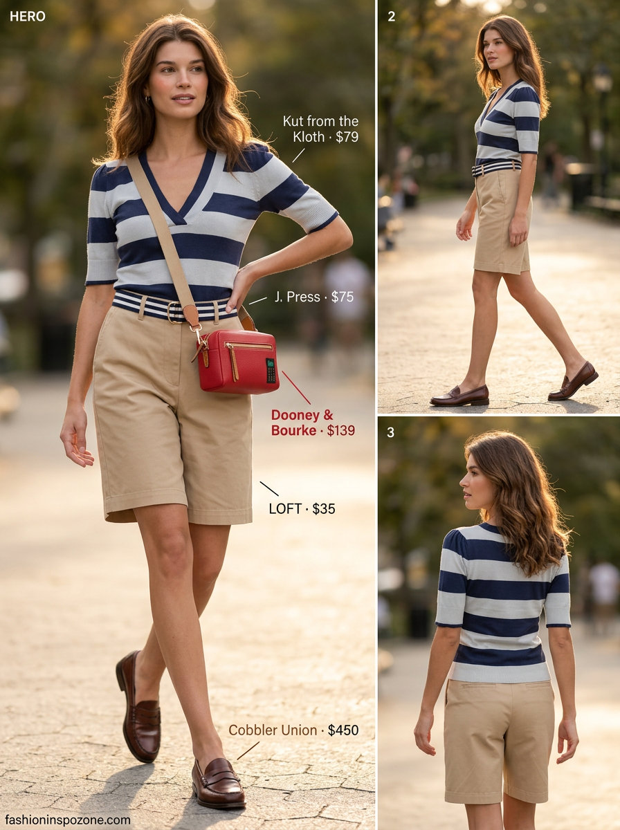 Playful summer v-neck outfits women 2026 picnic look with striped top and chino shorts.