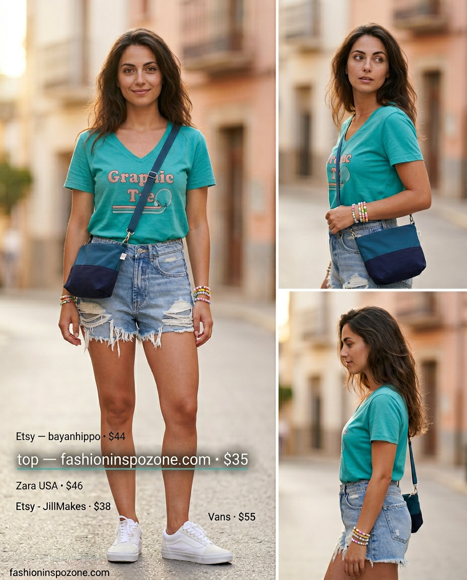 Playful summer v-neck outfits women 2026 with cream graphic tee, denim shorts, and retro accessories.