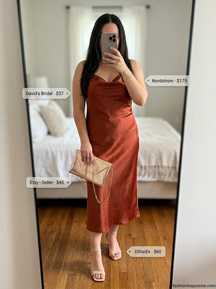 Glamorous summer v-neck outfits women 2026 date night look with terracotta slip dress and gold heels.