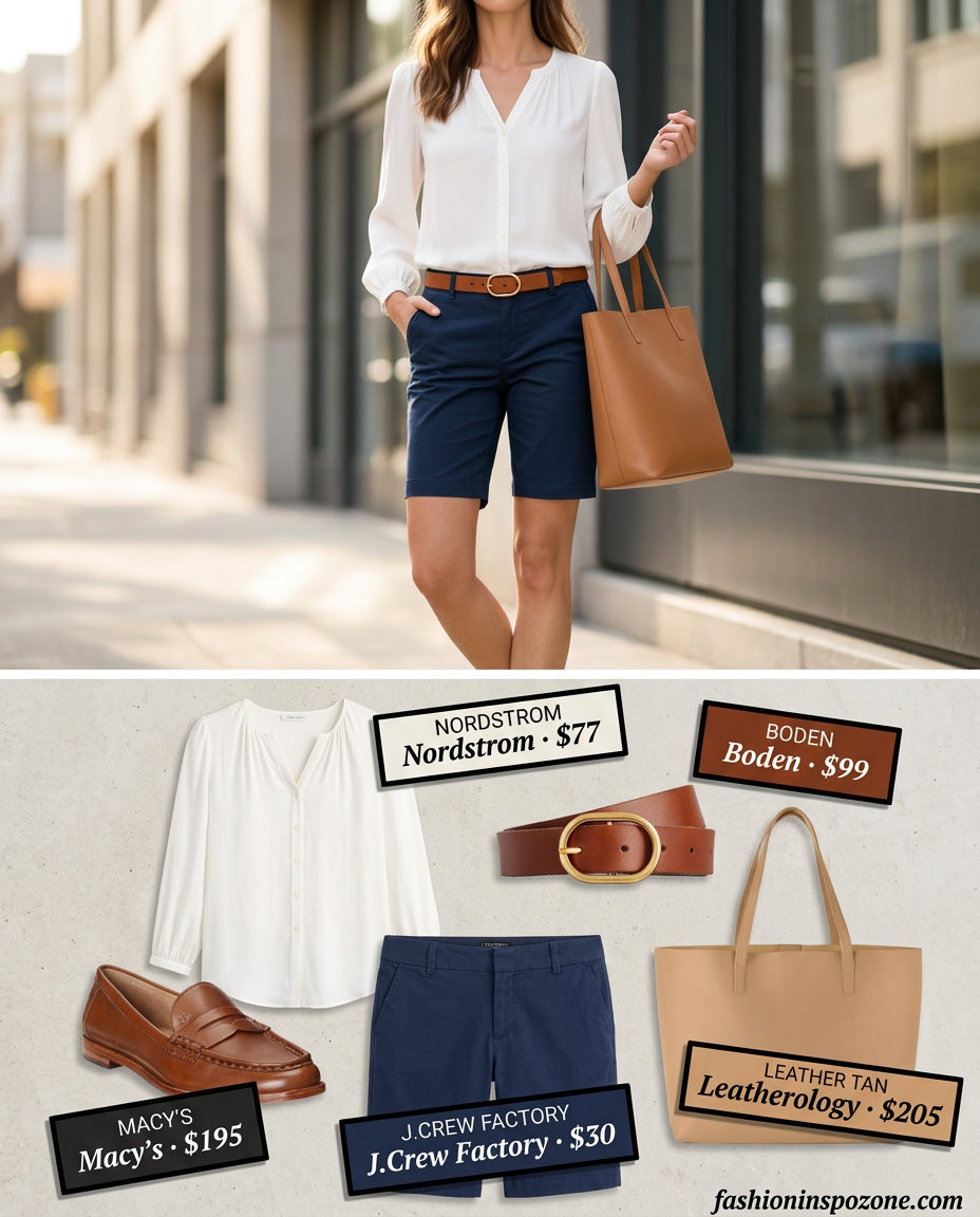 Smart casual summer v-neck outfit women 2026 with white shirt, navy shorts, and tan accessories.