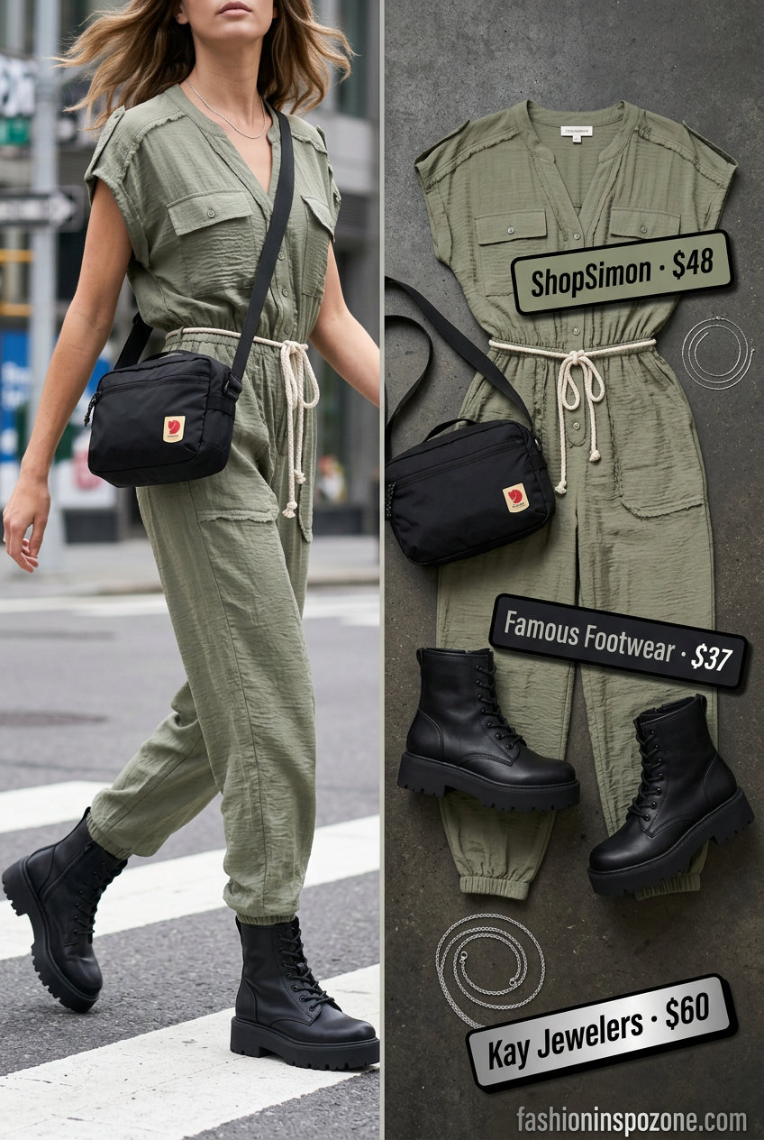 Edgy summer v-neck outfits women 2026: Olive utility jumpsuit, combat boots for city exploration.