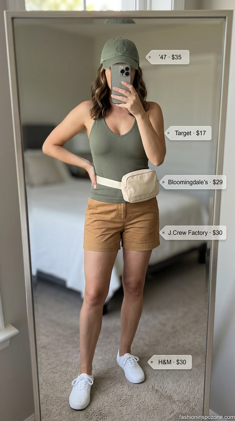 Comfortable summer v-neck outfits women 2026 weekend shorts set with olive green knit tank.