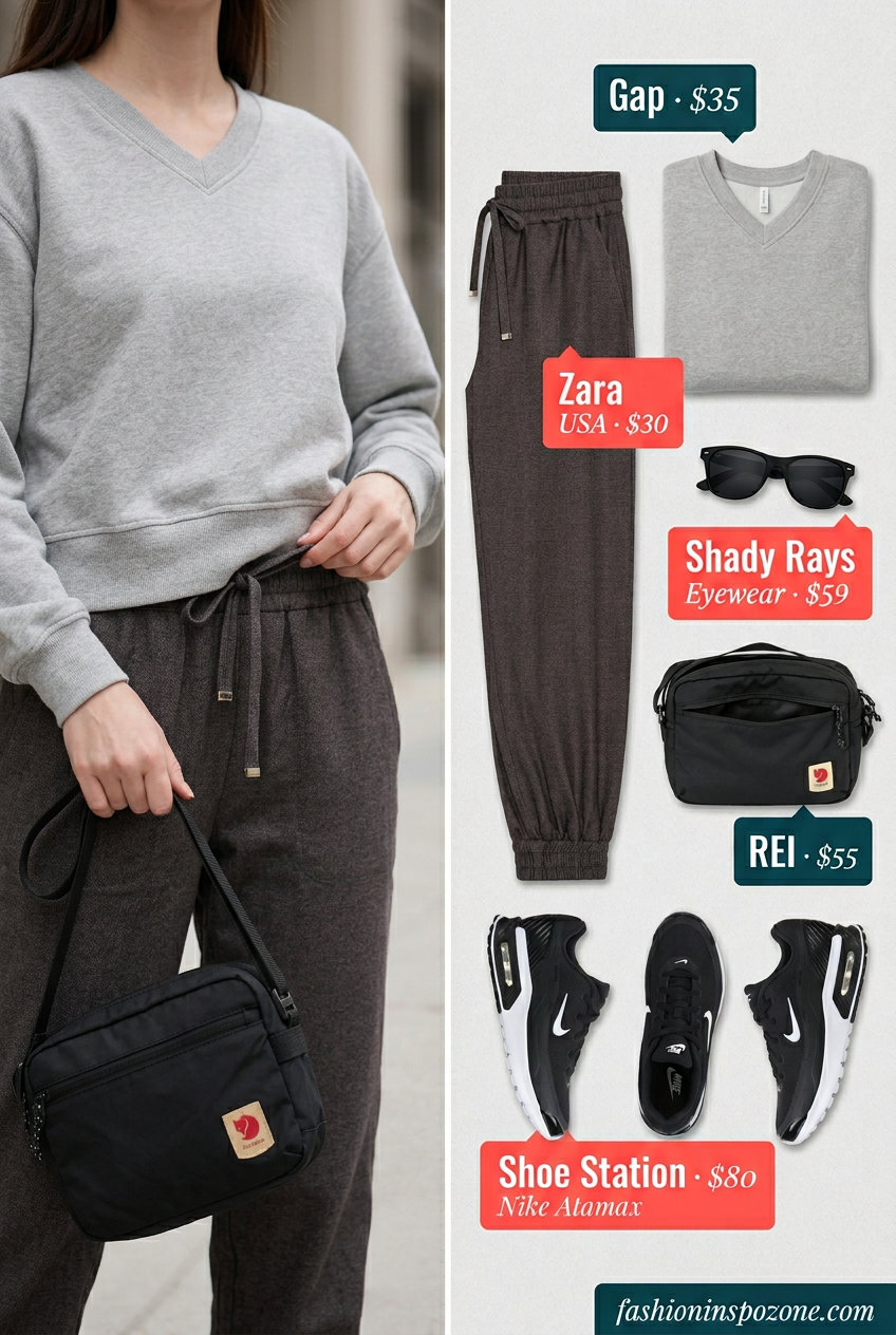 Comfortable summer v-neck outfits women 2026: Grey V-neck sweatshirt, joggers, crossbody bag, sneakers.