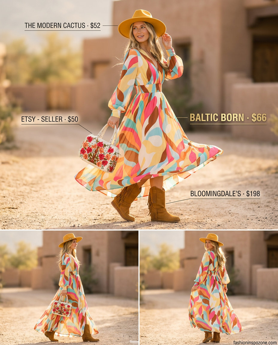 Bohemian summer v-neck outfits women 2026: Teal, coral, mustard yellow maxi dress, wide-brimmed hat, fringe boots.