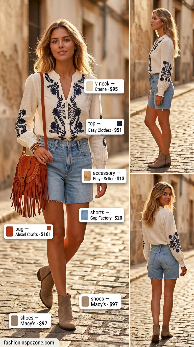 Boho Summer Vibes V-Neck peasant blouse, denim shorts, suede boots. Summer V Neck outfits for women 2026.