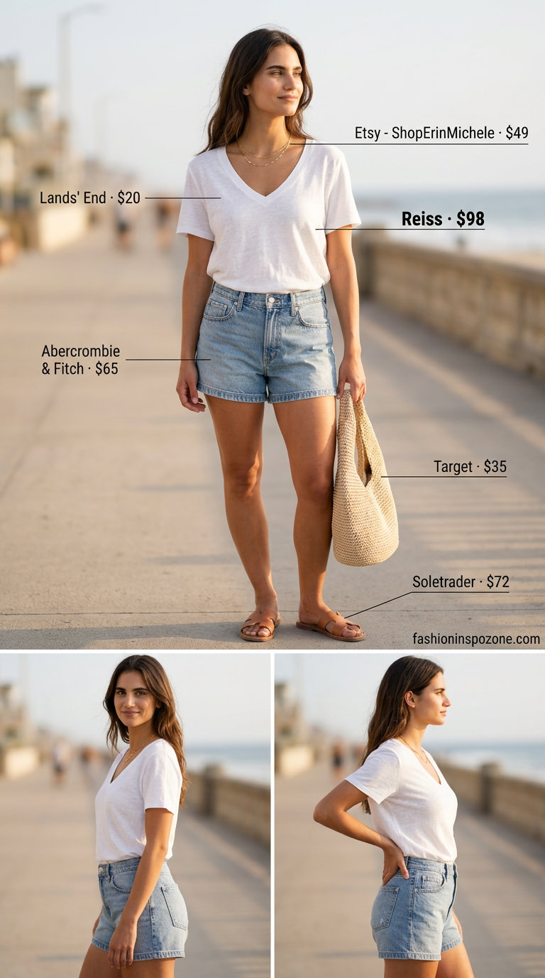 Coastal Breeze V-Neck outfit: White linen top, denim shorts, tan sandals. Perfect summer V Neck outfits for women 2026.