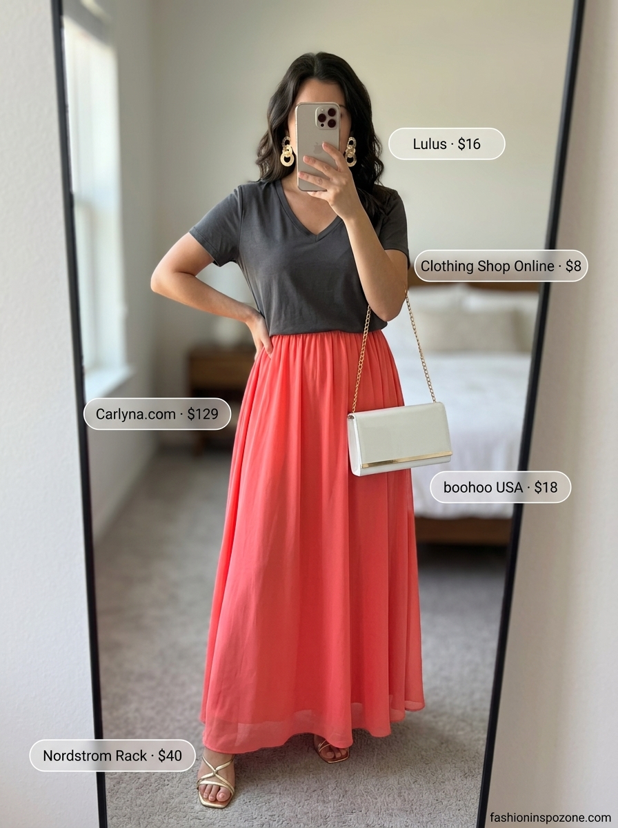 Sunset V-Neck Maxi dress: Coral flowy maxi dress, gold earrings, heeled sandals. Summer V Neck outfits for women 2026.