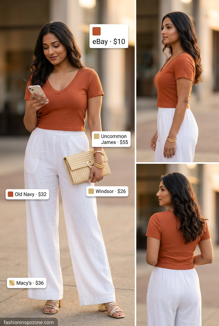 Stylish summer v-neck outfits women 2026: Sunset orange cropped top, white palazzo pants, gold heels, straw clutch.