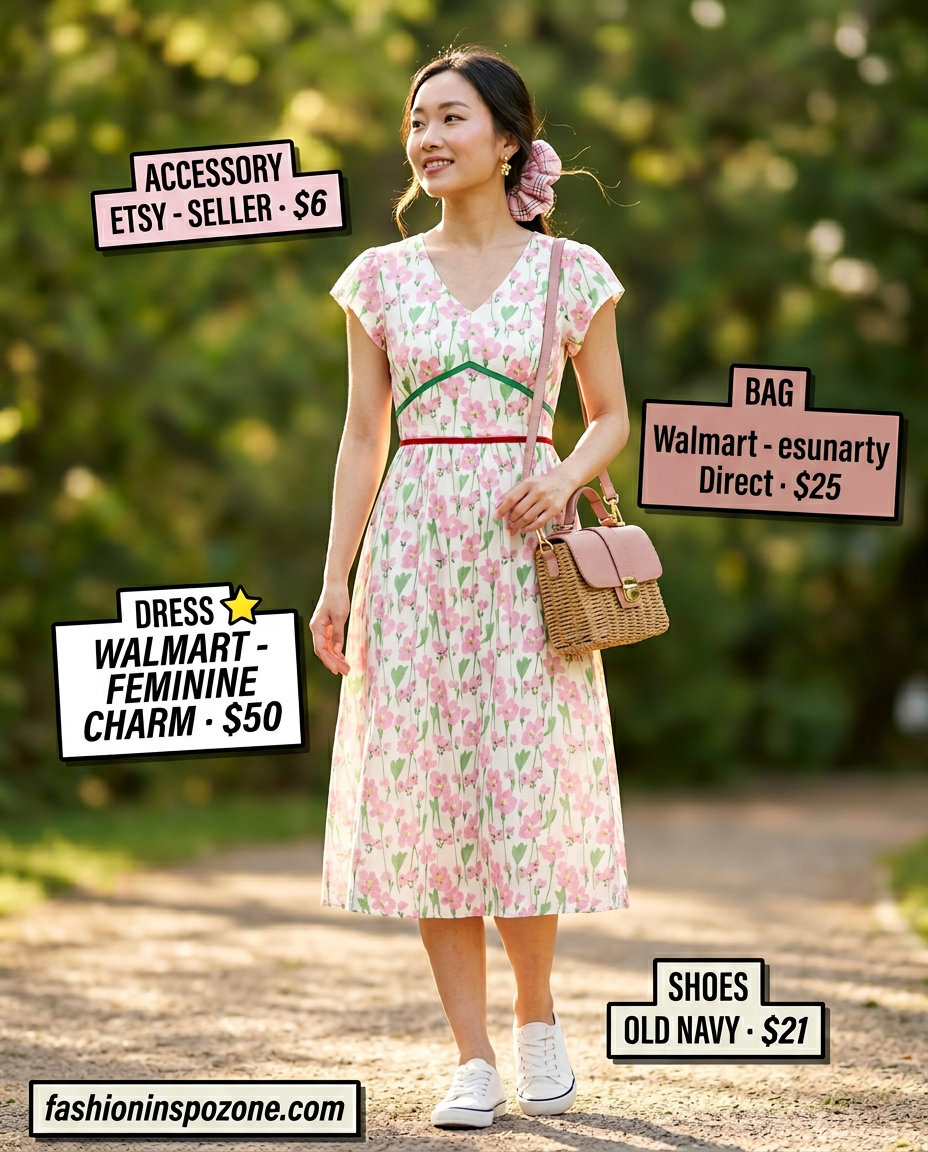 Sweet summer v-neck outfits women 2026: Pastel pink floral dress, straw crossbody, white sneakers, scrunchie.