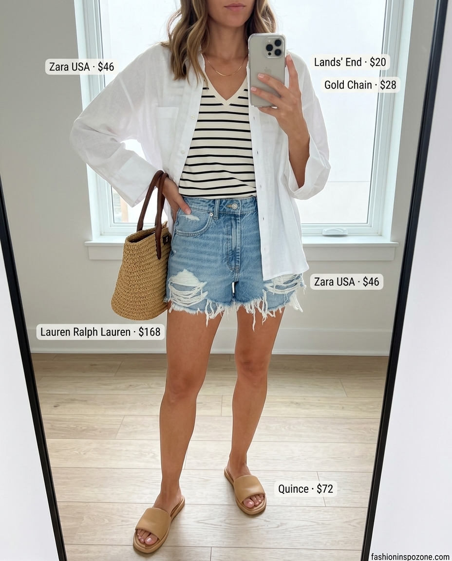 Coastal Breeze V-Neck outfit: White linen button-down, denim shorts, tan sandals. Summer V Neck outfits for women 2026.