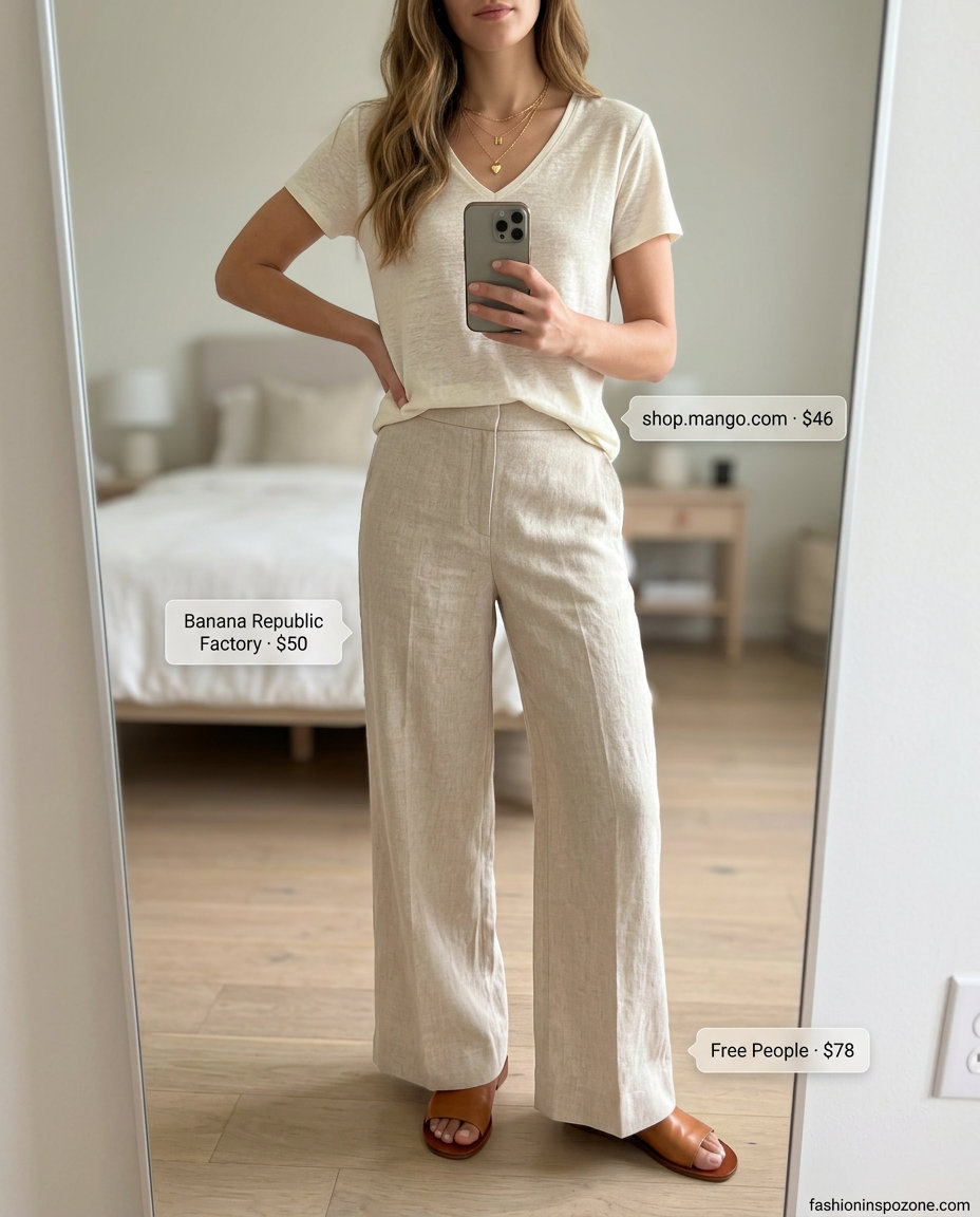 Effortless summer v-neck outfits women 2026: Cream linen pants, beige V-neck tee, straw tote, leather slides.