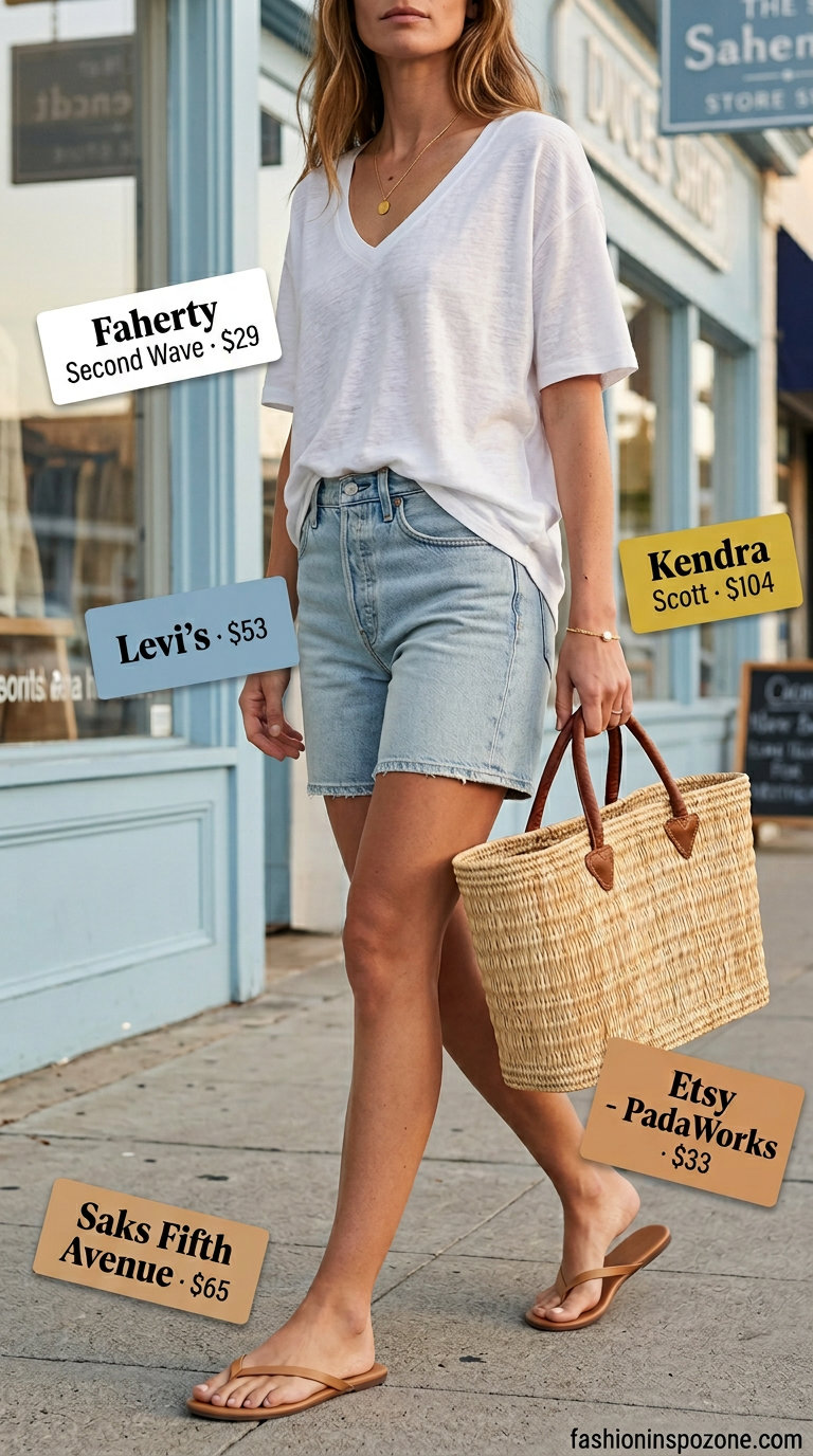 Relaxed summer v-neck outfits women 2026: White linen tee, denim shorts, straw tote, leather sandals.