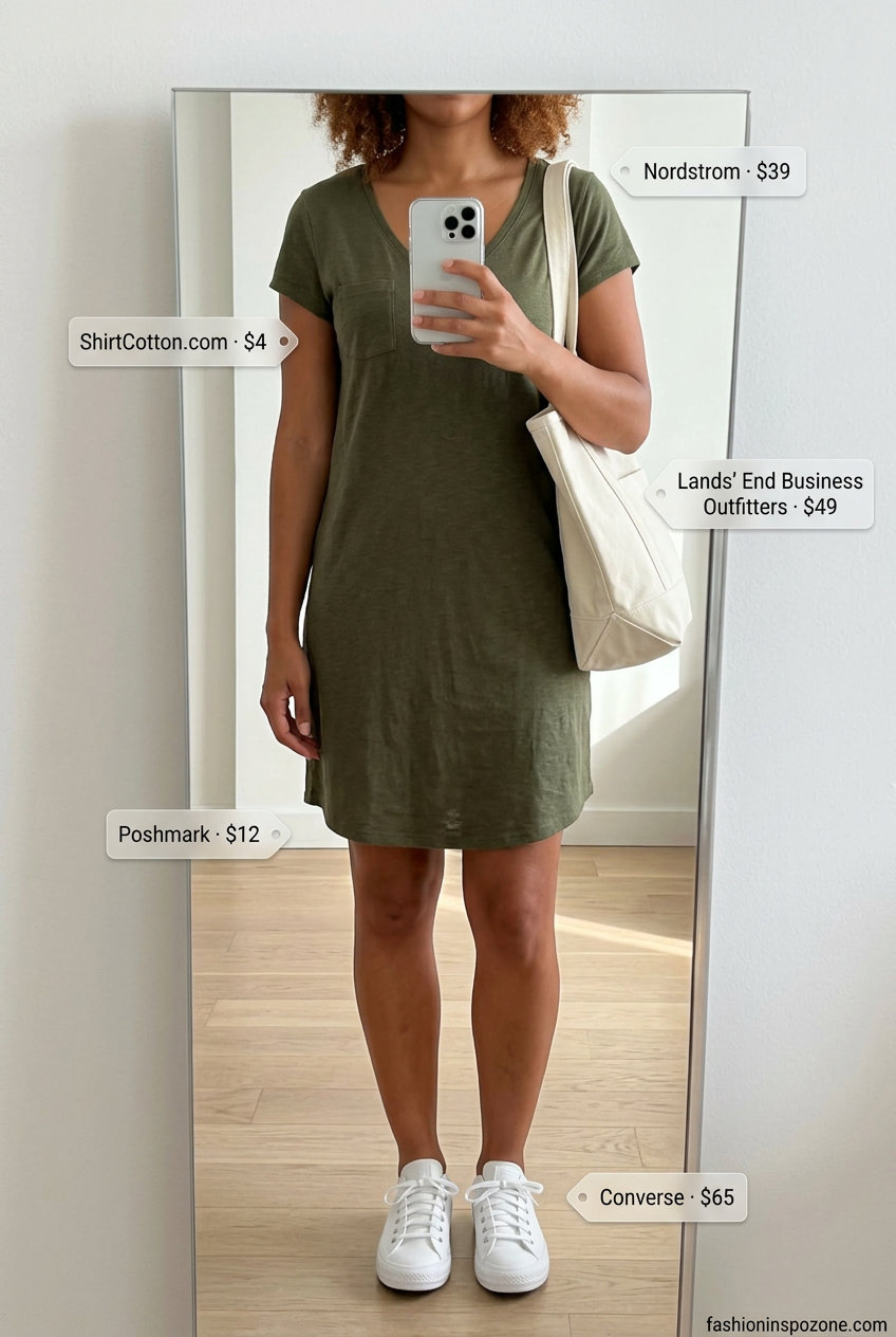 Effortless Summer Day V-Neck dress: Olive green t-shirt dress, white sneakers, canvas tote. Summer V Neck outfits for women 2026.