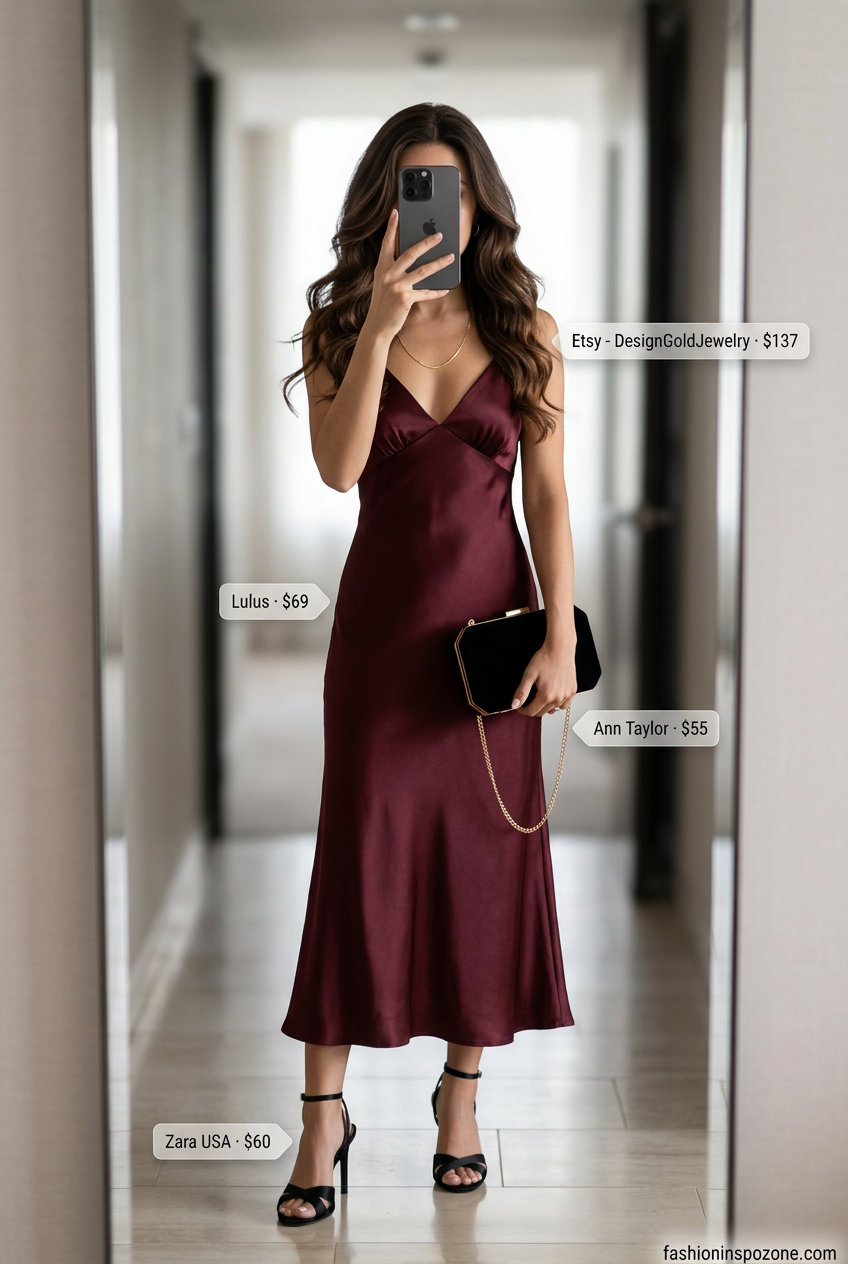 Elegant summer v-neck outfits women 2026: Burgundy satin slip dress, gold jewelry, black heels, envelope clutch.