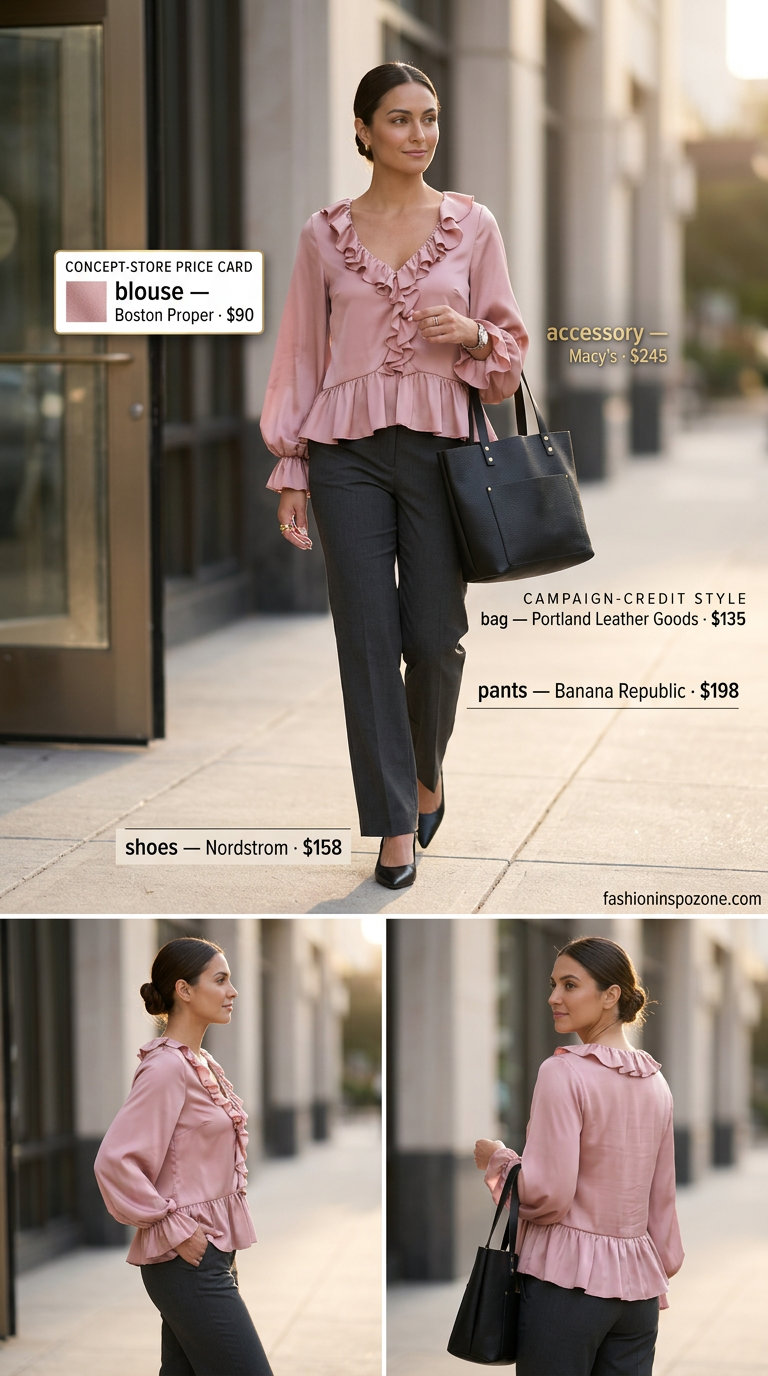 Professional summer v-neck outfits women 2026: Blush pink blouse, charcoal trousers, black heels, leather tote.