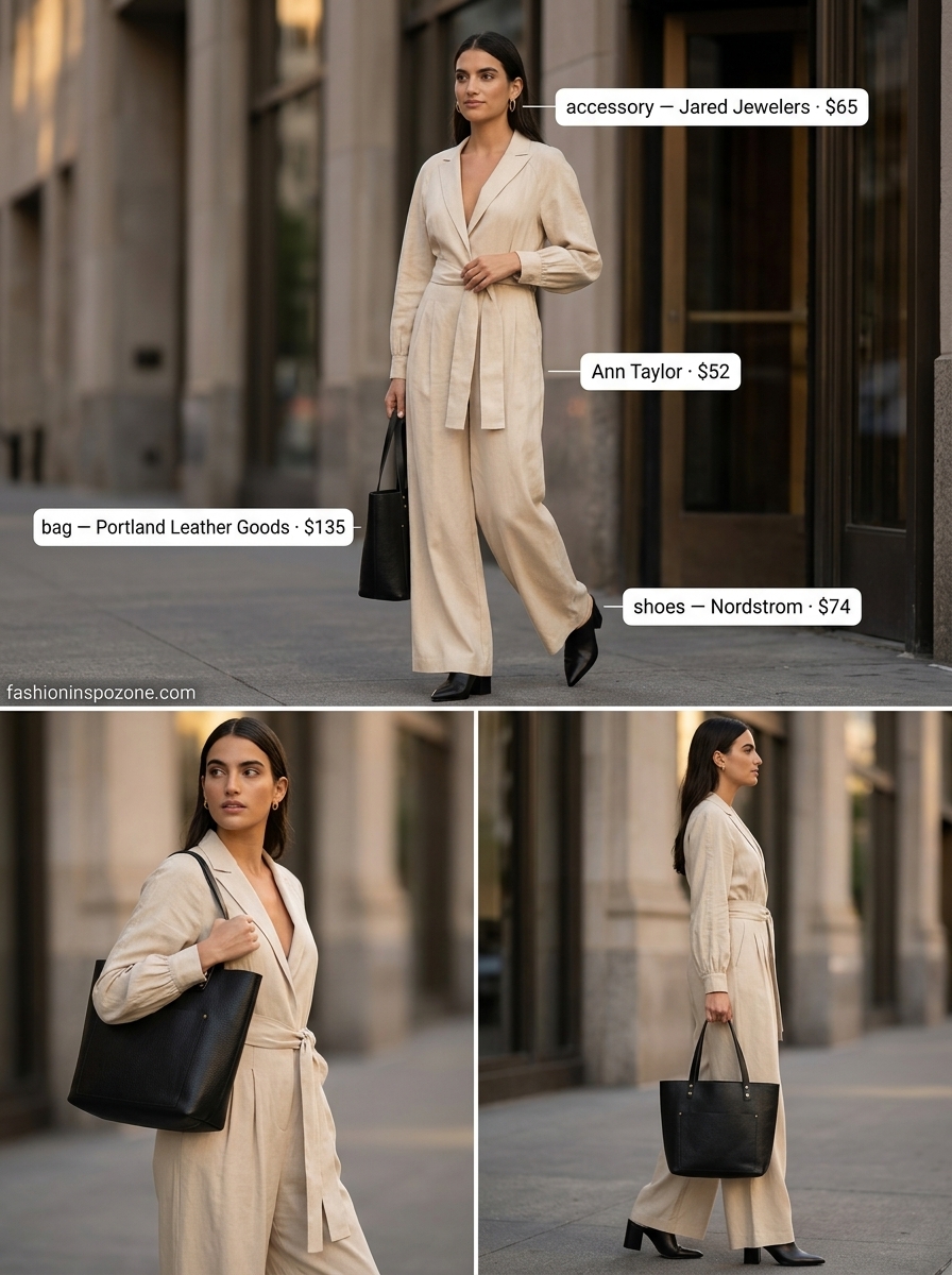 Sophisticated beige linen wide leg jumpsuit outfit for women 2026, for business casual and lunch meetings.