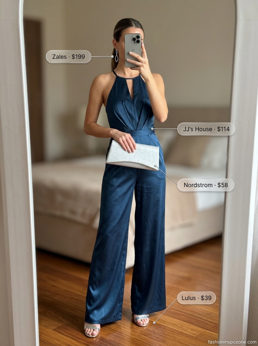 Elegant summer wide leg jumpsuit outfits for women 2026: Twilight blue jumpsuit, silver heels, metallic clutch.