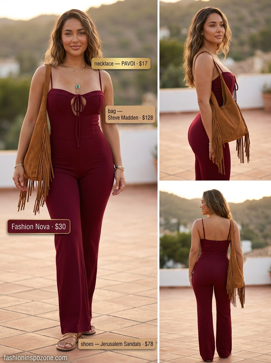 Bohemian summer wide leg jumpsuit outfits for women 2026: Burgundy jumpsuit, tan sandals, layered gold necklaces.