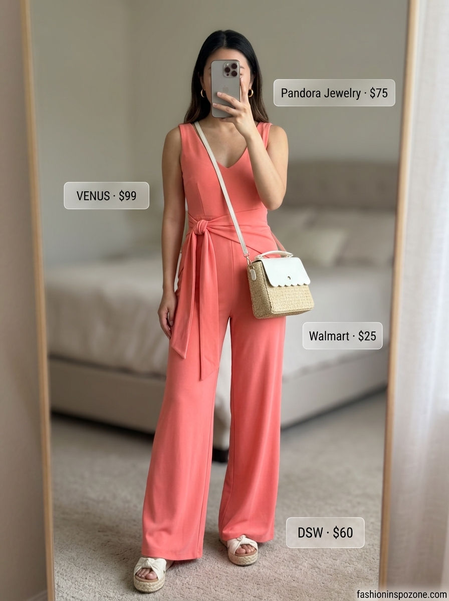 Vibrant summer wide leg jumpsuit outfits for women 2026: Coral jumpsuit, espadrilles, straw bag, gold earrings.