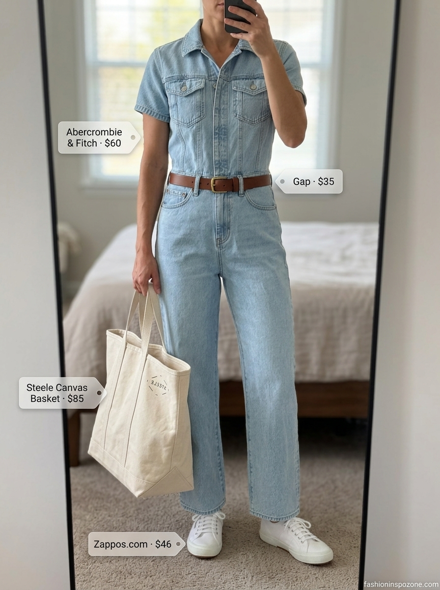 Casual summer wide leg jumpsuit outfits for women 2026: Denim jumpsuit, white sneakers, canvas tote, leather belt.