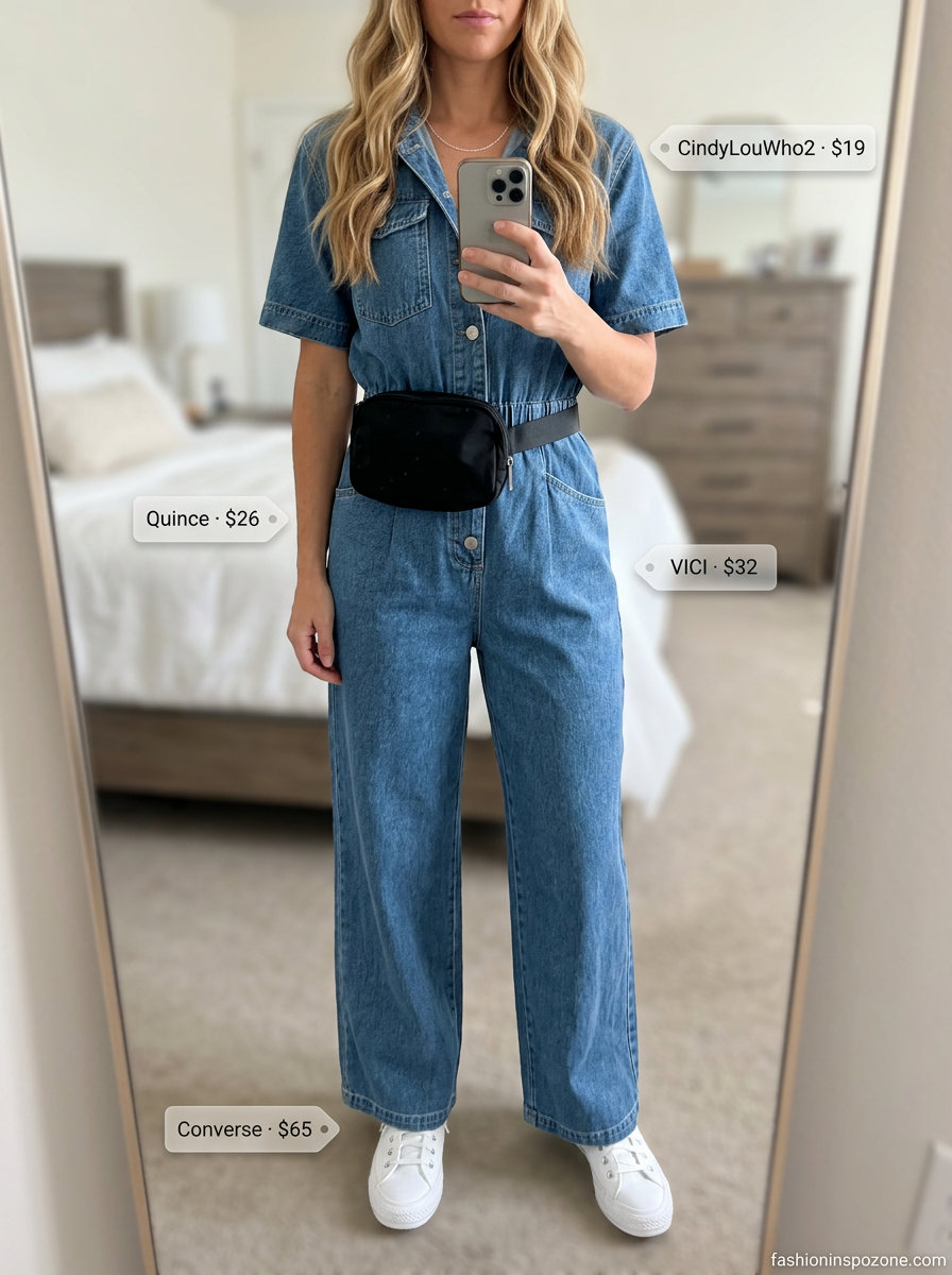 Casual summer wide leg jumpsuit outfit for women 2026: Medium wash denim jumpsuit, white sneakers, silver necklace.