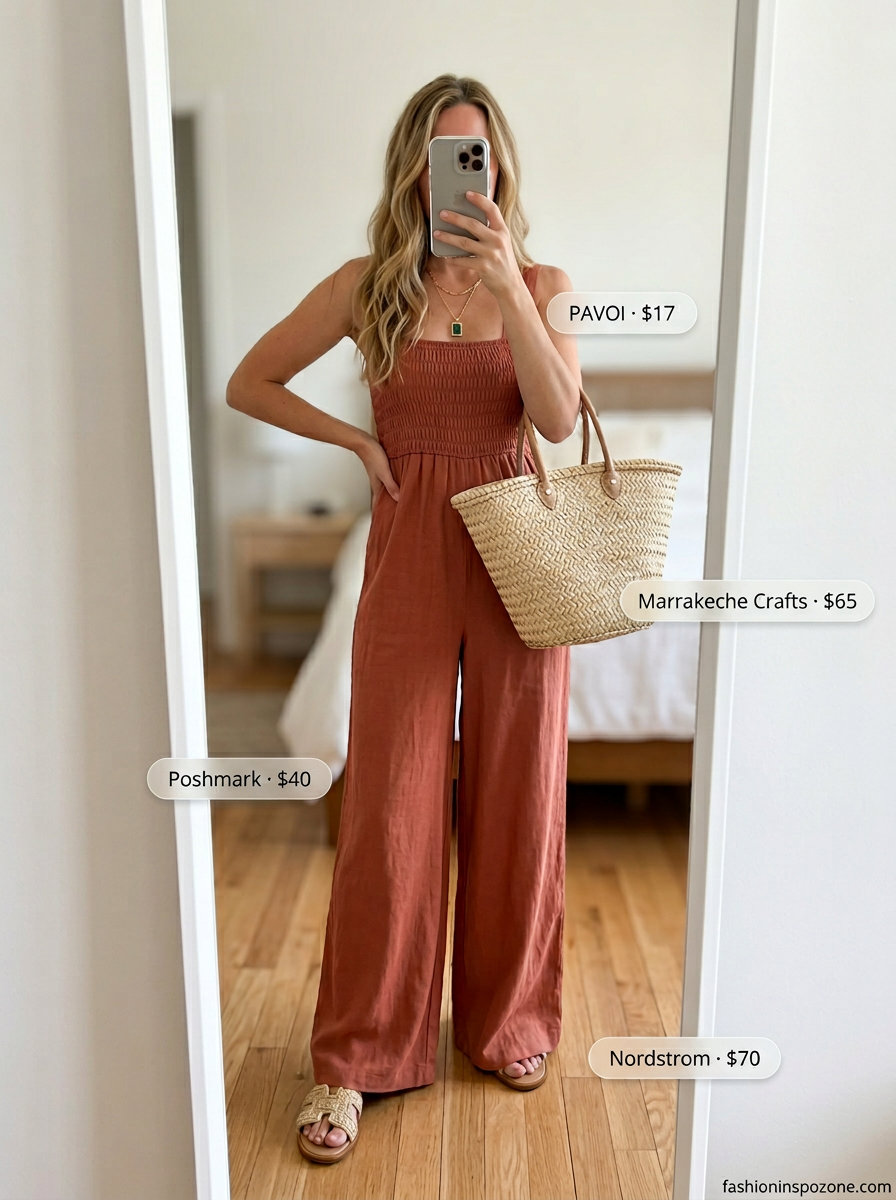 Bohemian desert rose linen wide leg jumpsuit outfit for women 2026, ideal for vacation and weekend brunch.