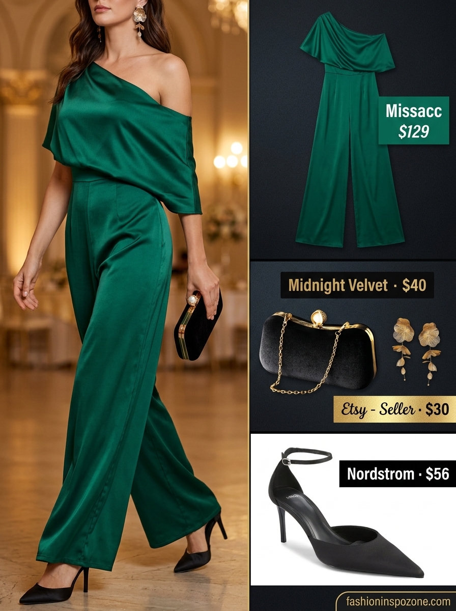 Emerald green silk wide leg jumpsuit for women, with gold earrings and pumps. Glamorous summer wide leg jumpsuit outfits for women 2026.