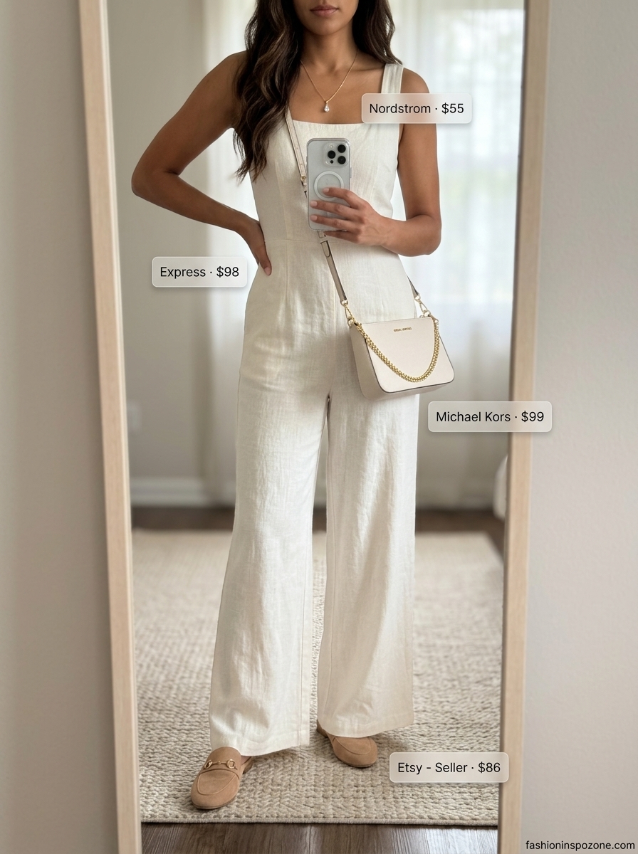 Minimalist ivory linen wide leg jumpsuit outfit for women 2026, for daytime events and smart casual looks.