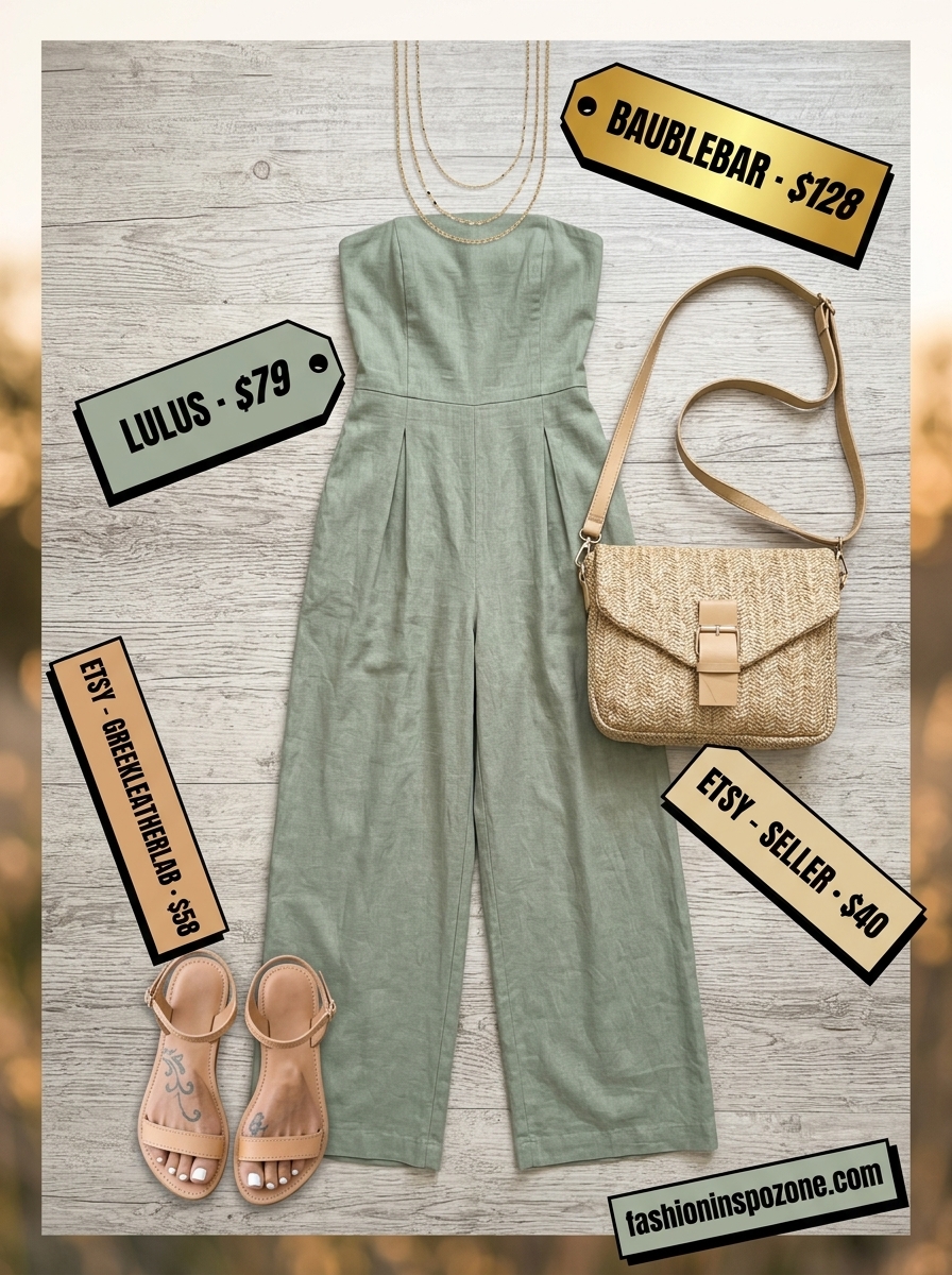 Khaki wide leg jumpsuit for women, styled with flat sandals and straw bag. Relaxed option for summer wide leg jumpsuit outfits for women 2026.