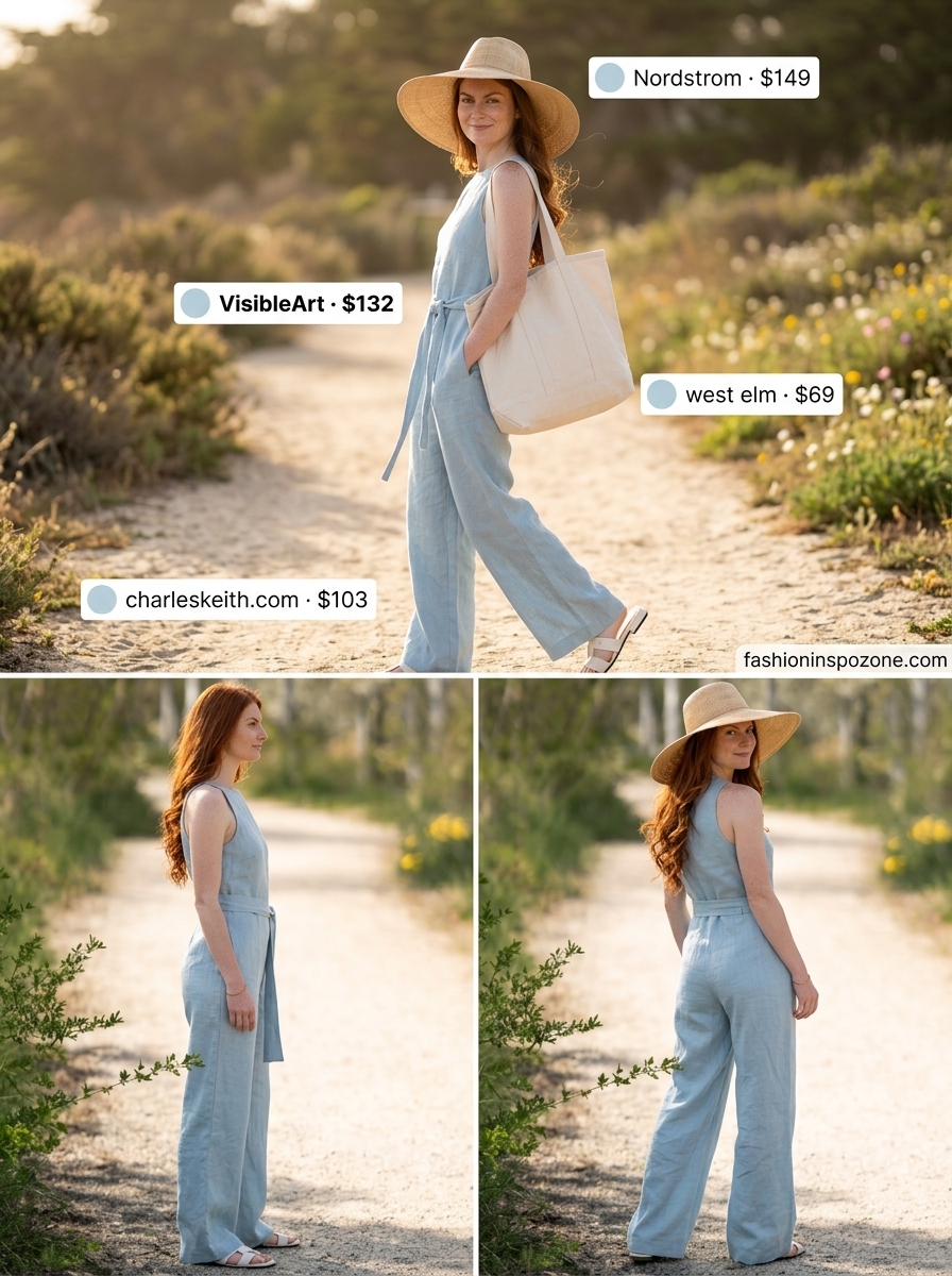 Coastal summer wide leg jumpsuit outfits for women 2026: Sky blue linen jumpsuit, straw hat, canvas tote.