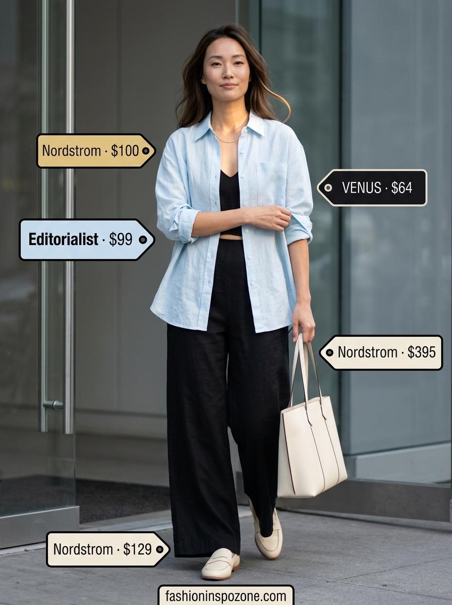 Light blue linen blend matching set for women, styled with loafers and a tote. Ideal for summer wide leg jumpsuit outfits for women 2026.
